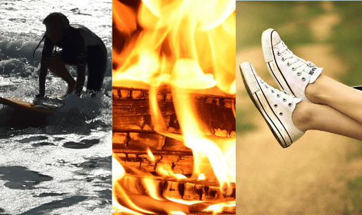 Collage: Surferin; Lagerfeuer; Füße in Chucks auf Schaukel baumelnd